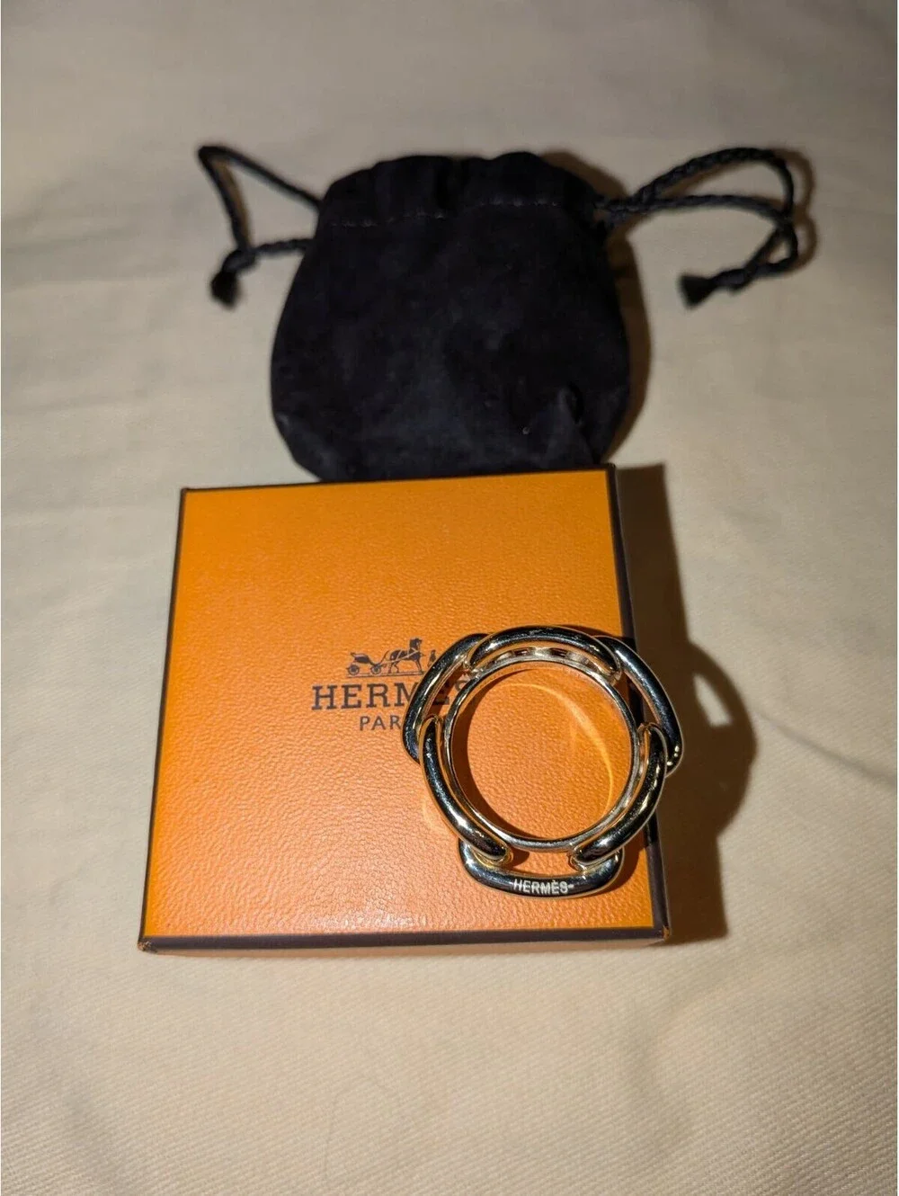 Near Mint HERMES With Box! Silver Tone Regate Chaine D'Ancre Scarf Ring